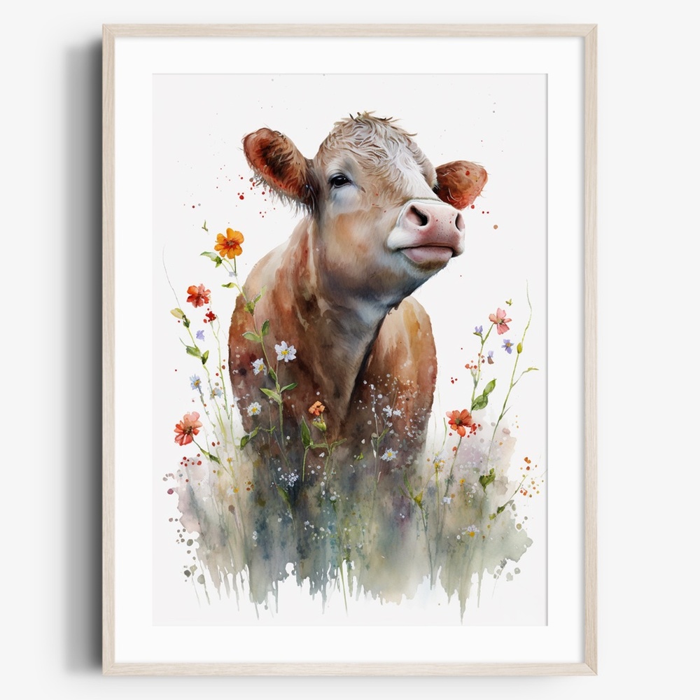 Watercolor Cute Floral Farm Cow Wall Art Illustration Print Poster Unframed